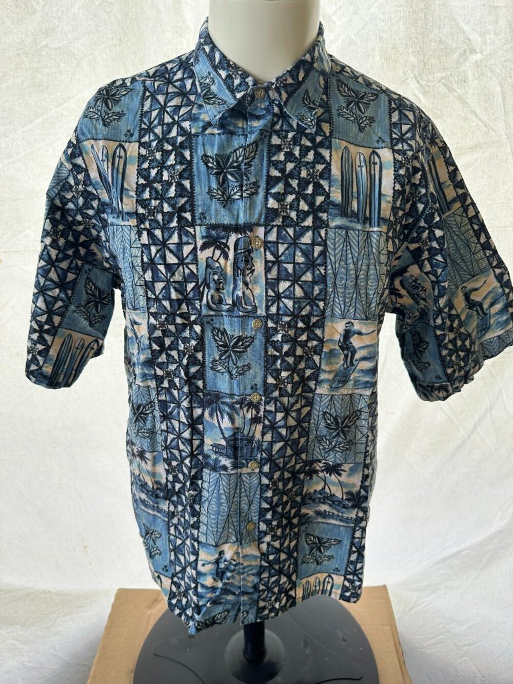 Reyn Spooner Men's Surfboard Tiki Floral Pattern Blue Hawaiian Shirt Large Cotto